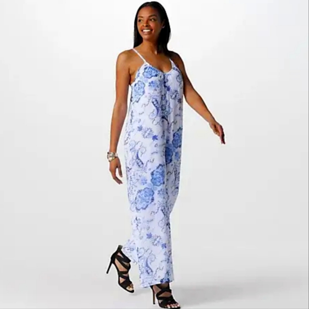 New Gorgeous GILI Flowy Chiffon White Blue Paisley Jumpsuit 1X